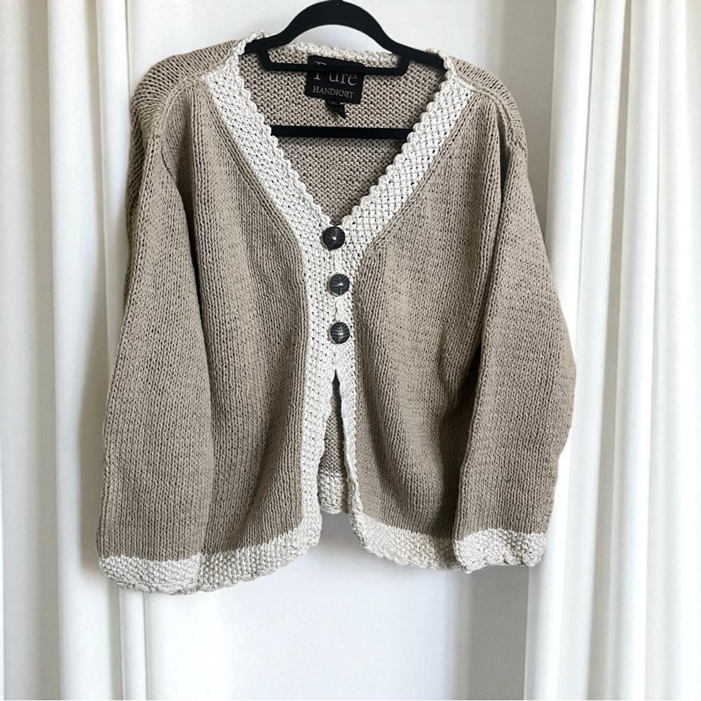 Vintage Pure Handknit Chunky Tan Boho Cottage Sweater Grandma Cardigan L XL